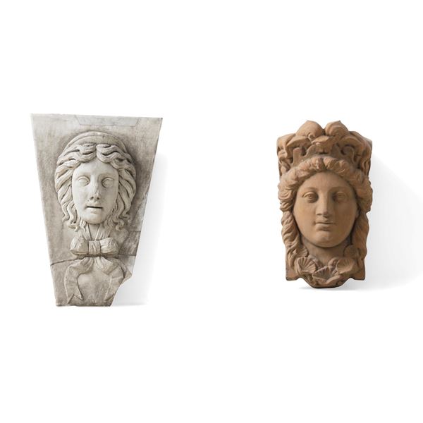 Due protomi con figure femminili in rilievo di gusto archeologico