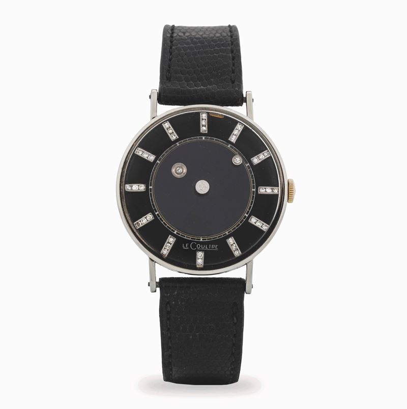 LeCoultre : Misterioso in oro bianco 14k con quadrante nero e brillanti su sfere ore e minuti, e su indici, circa 1960  - Asta Orologi da Polso - Cambi Casa d'Aste