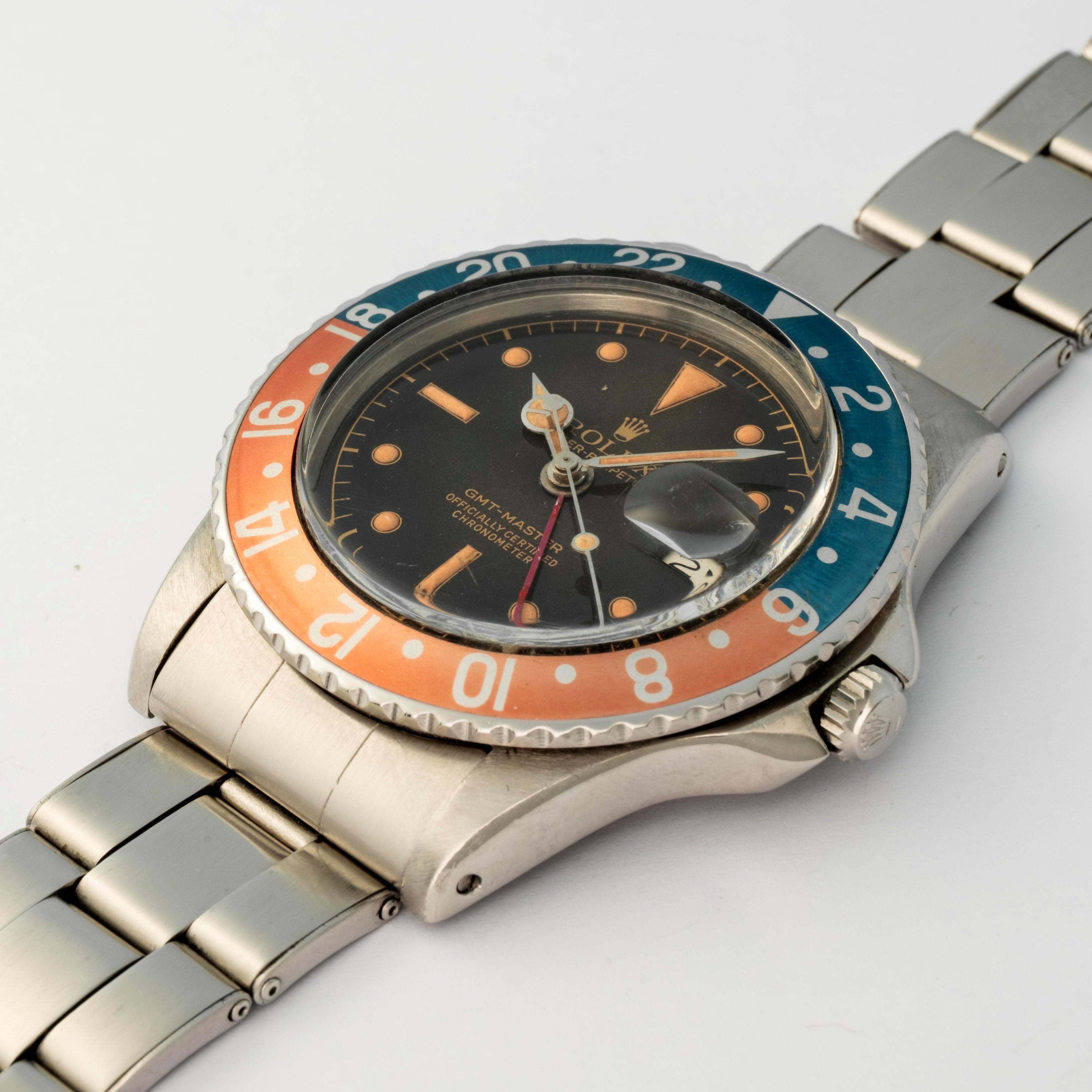 Rolex - GMT Master in acciaio ref. 1675 'OCC' con lunetta Pepsi e bracciale Oyster elastico, circ...