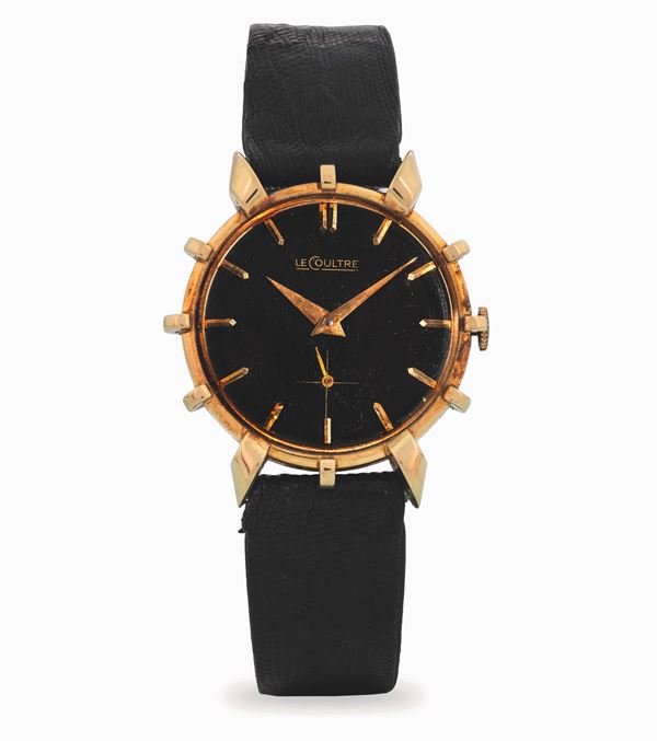 LeCoultre - "Ship's Wheel" in oro giallo 14k, quadrante nero con indici applicati e secondi al sei, circa 1950