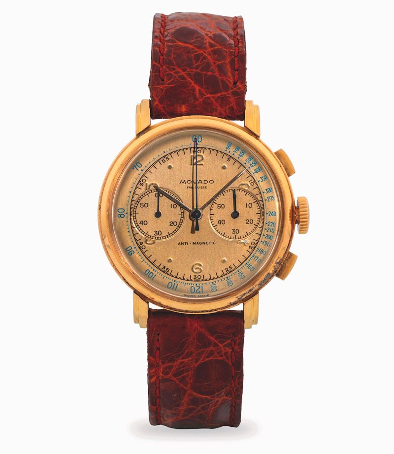 Movado : Chronograph ref. 9023 in 18k yellow gold, silvered dial with subdials at 3 and 9 o’clock, circa 1950  - Auction Wristwatches - Cambi Casa d'Aste
