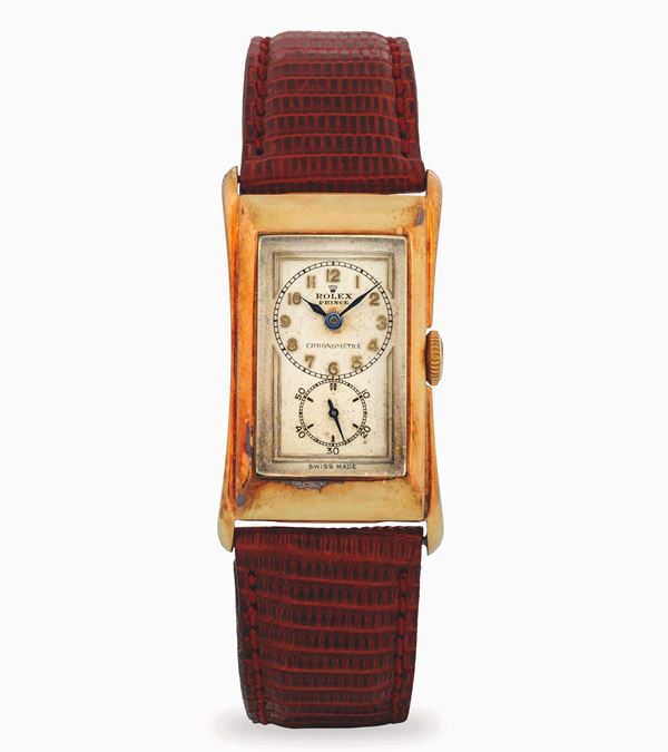 Rolex - Prince in oro giallo 14k, quadrante grenè con indici applicati e secondi al sei, circa 1930