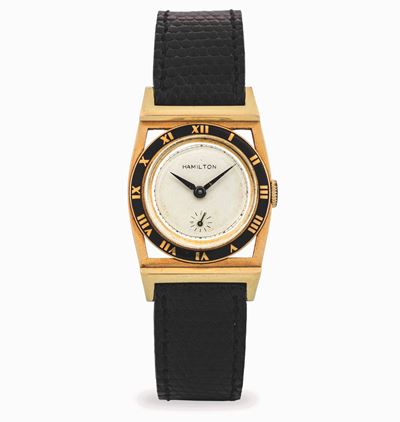 Orologio Piping Rock in oro giallo 14k con quadrante bianco, circa 1930