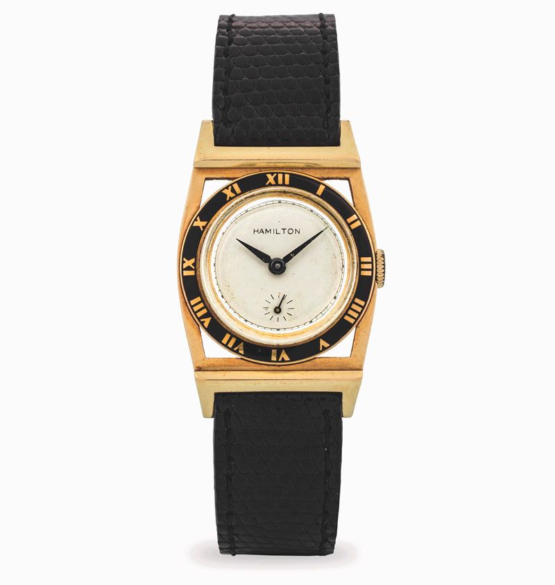Hamilton : Piping Rock in yellow gold 14k, enamel bezel with Roman numerals, white dial with seconds at six, circa 1930  - Auction Wristwatches - Cambi Casa d'Aste