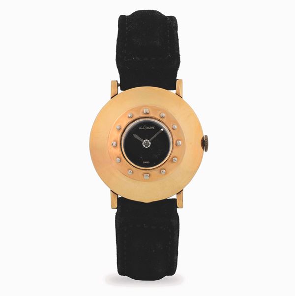 LeCoultre - Beau Brummel in oro giallo 14k, quadrante nero con indici su cassa, circa 1950