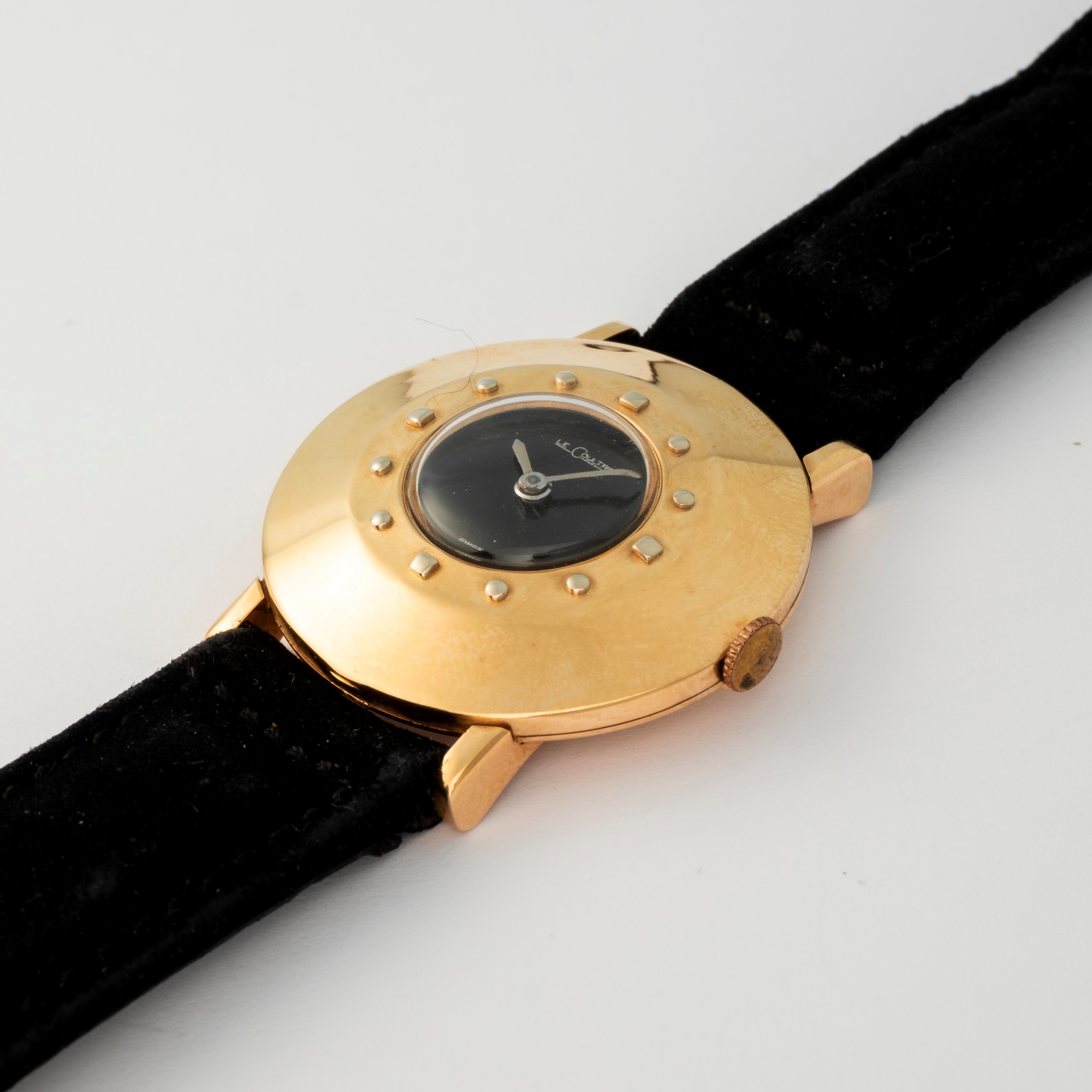 Lecoultre - Orologio Beau Brummel in oro giallo 14k con quadrante nero, circa 1950