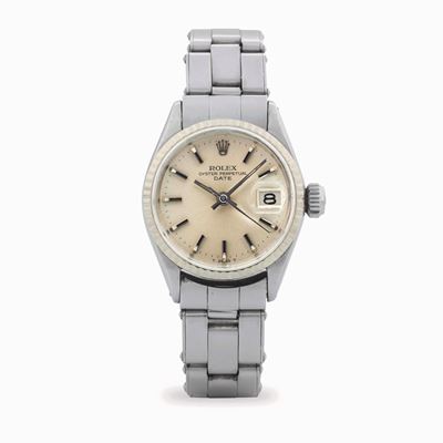 Oyster Perpetual Date Lady, ref. 6517, acciaio, quadrante argenté, circa 1960