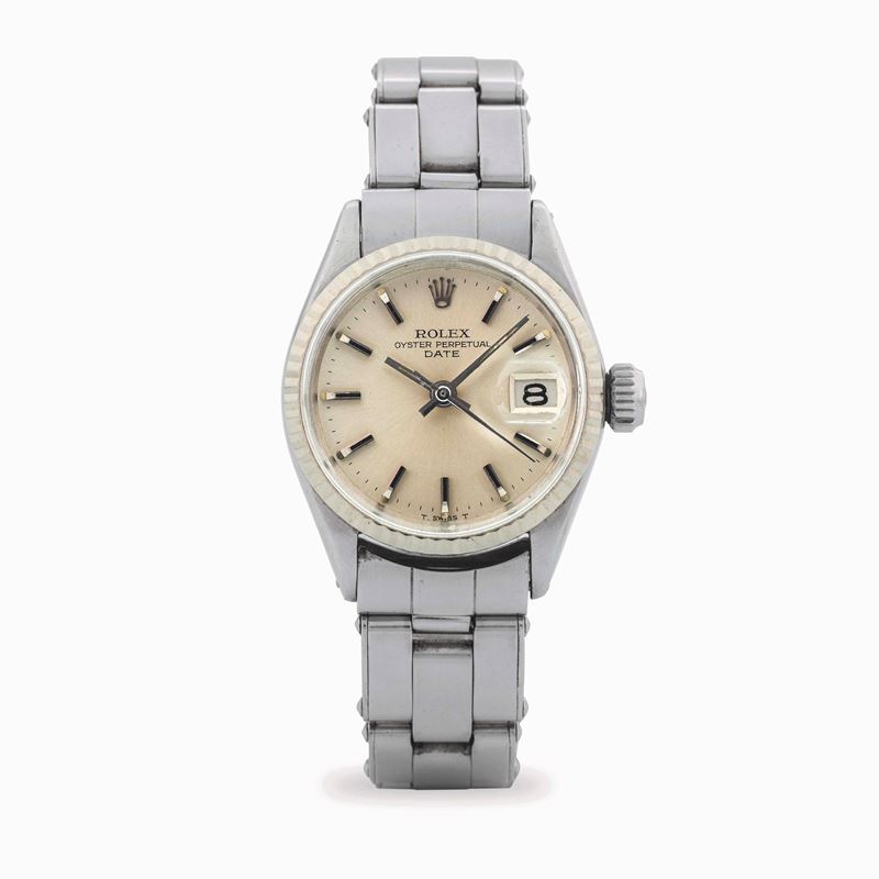 Rolex : Oyster Perpetual Date Lady ref. 6517 in acciaio, quadrante argenté con indici applicati e datario al tre, circa 1960  - Asta Orologi da Polso - Cambi Casa d'Aste