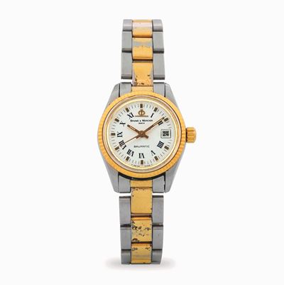 Orologio Baumatic Lady in acciaio e oro con quadrante bianco e numeri romani, circa 1990