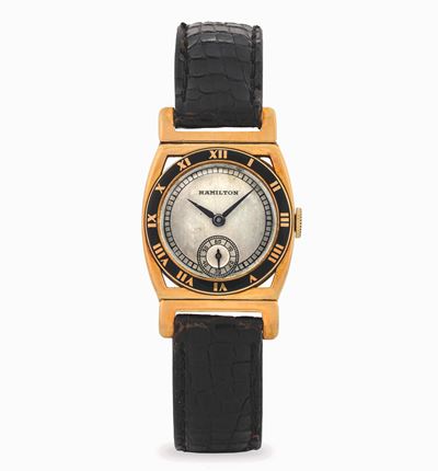 Orologio Piping Rock in oro giallo 14 kt con quadrante argenté, circa 1930
