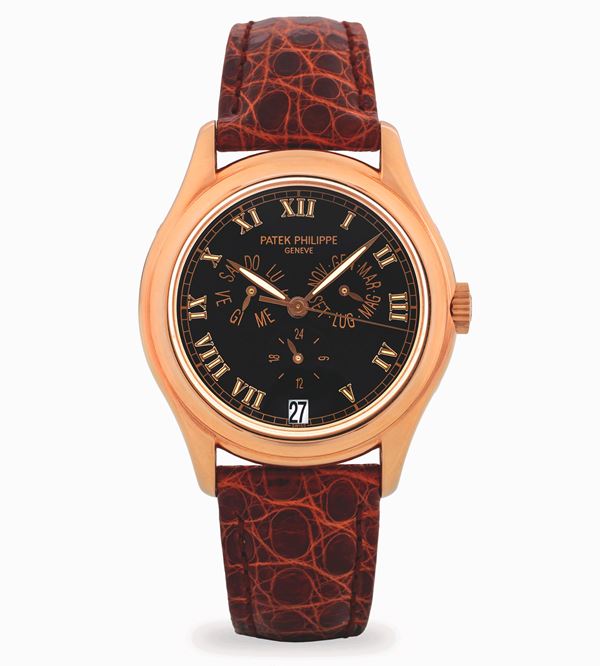 Calendario annuale ref. 5035R in oro rosa 18k, quadrante nero con numeri Romani applicati, circa 1990 [..]