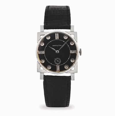 Carrè in oro bianco 14k con quadrante nero e indici brillanti, circa 1940