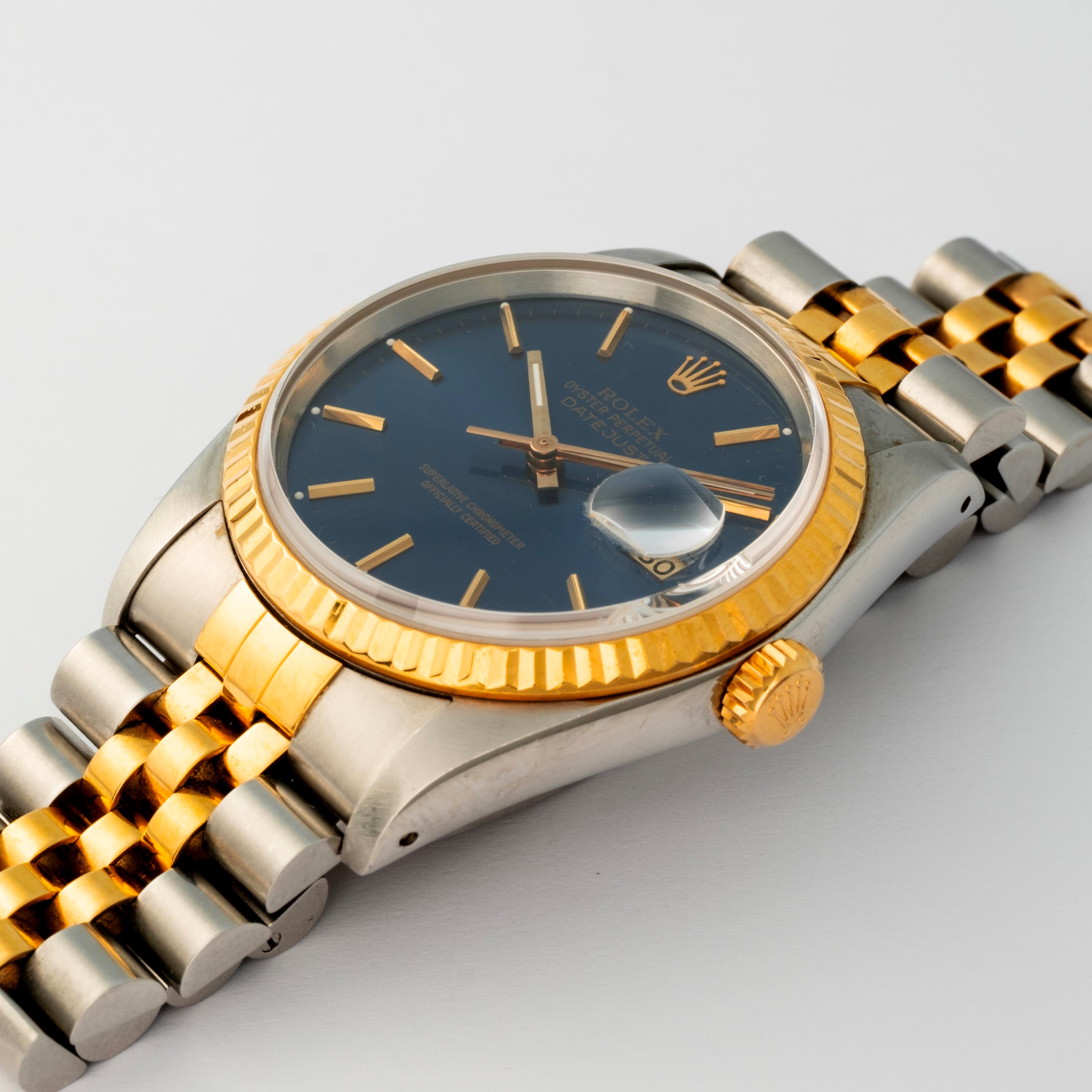 Rolex - Datejust ref. 16233 in acciaio e oro con bracciale Jubilee e quadrante blu soleil, circa ...