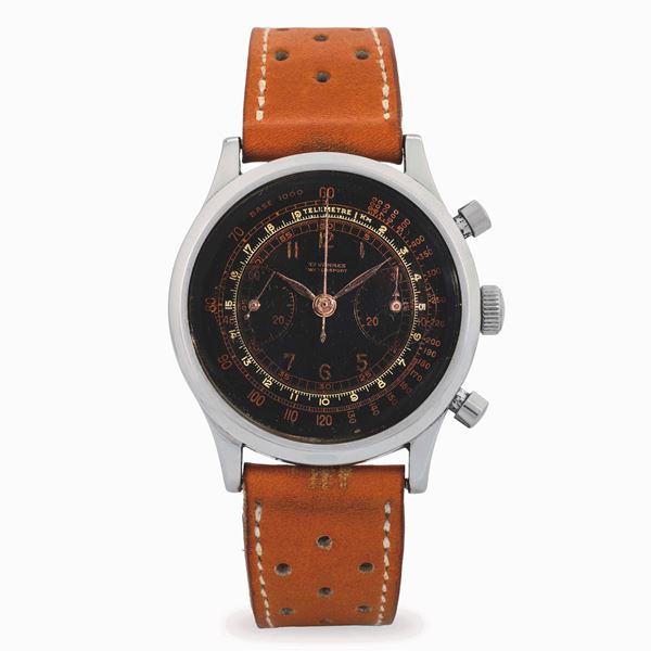 Tavannes - Clamshell Cronografo impermeabile tasti a pompa in acciaio con quadrante nero galvanico due colori, circa 1940