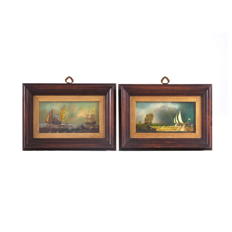 Due dipinti con vascelli e barche, firma "Werner", XIX secolo  - olio su rame (?) - Asta Antiquariato - Cambi Casa d'Aste