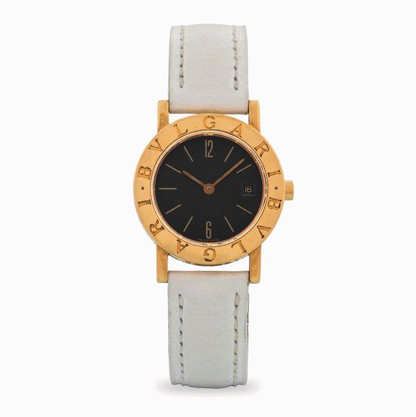 Bulgari Lady in oro giallo 18k, quadrante nero con datario a ore tre e indici applicati, circa 1990