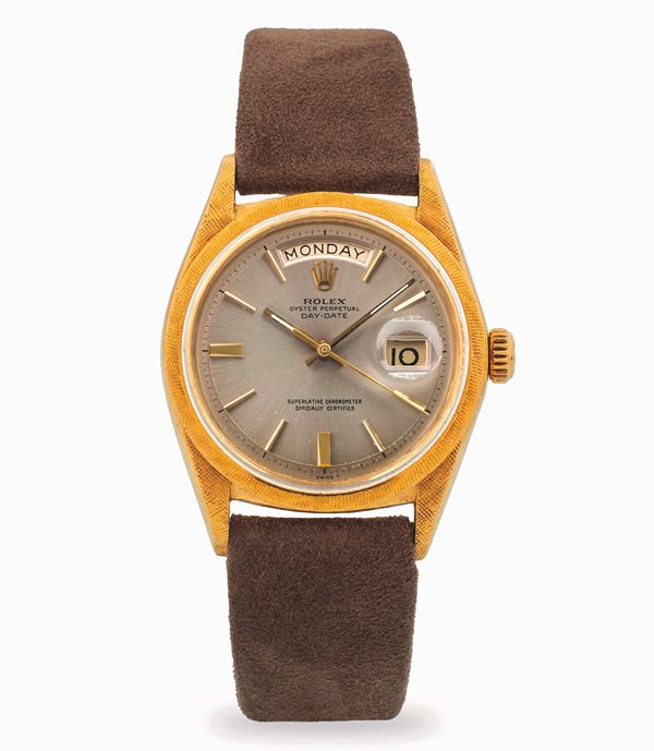 Rolex - Day-Date ref. 1806 in oro giallo 18k con cassa "Florentine" e quadrante grigio con indici applicati, circa 1966