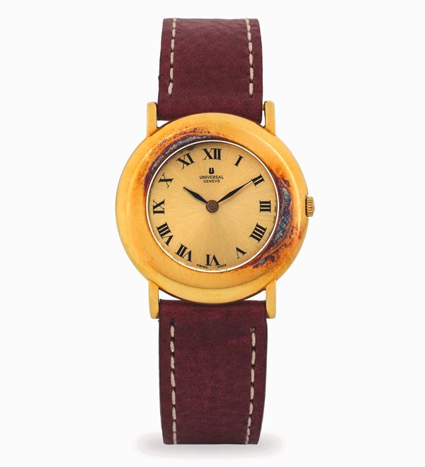 Disco Volante in oro giallo 18k, quadrante champagne con numeri romani, circa 1990