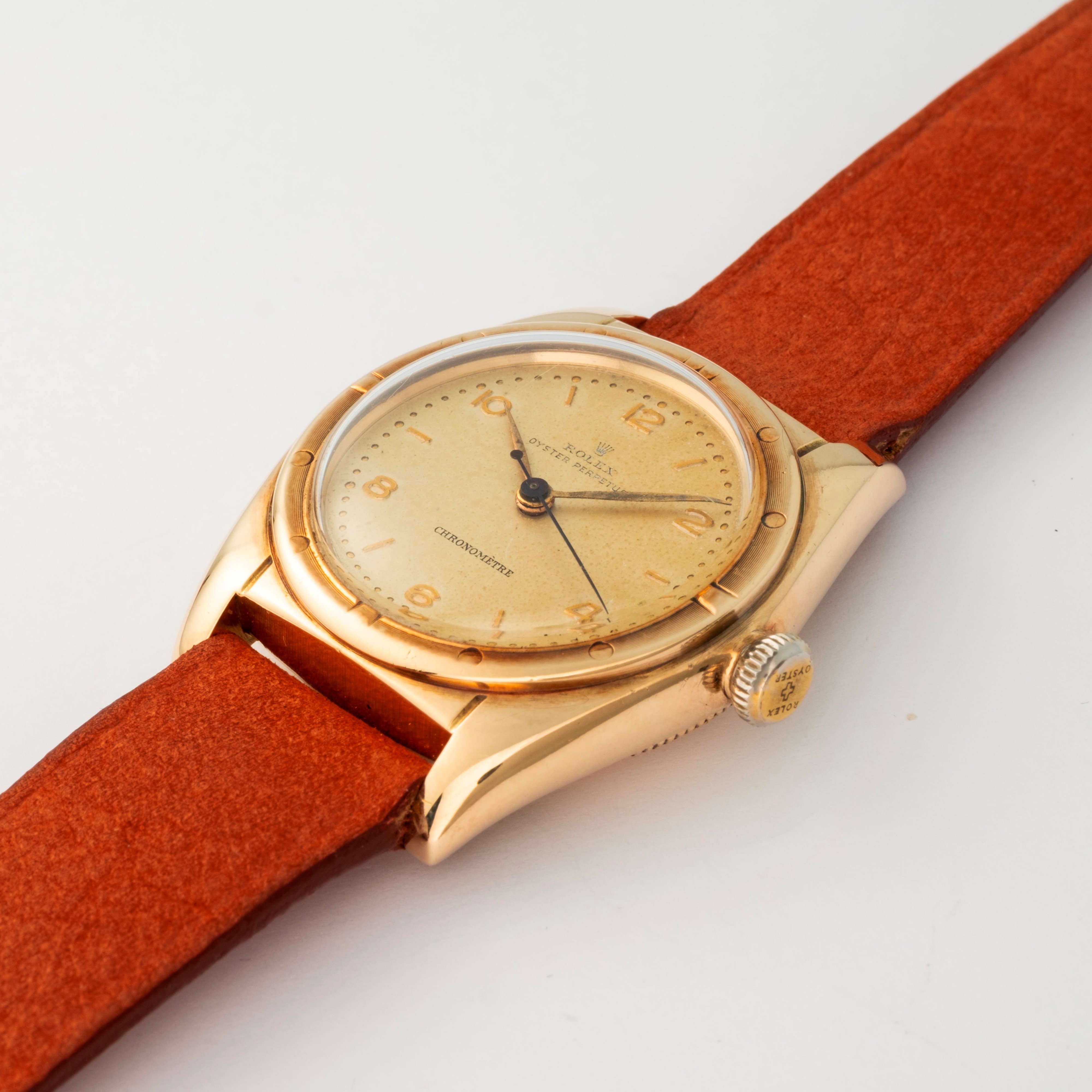 Rolex - Ovetto ref. 5015 in oro giallo 14k con quadrante grenè, circa 1948