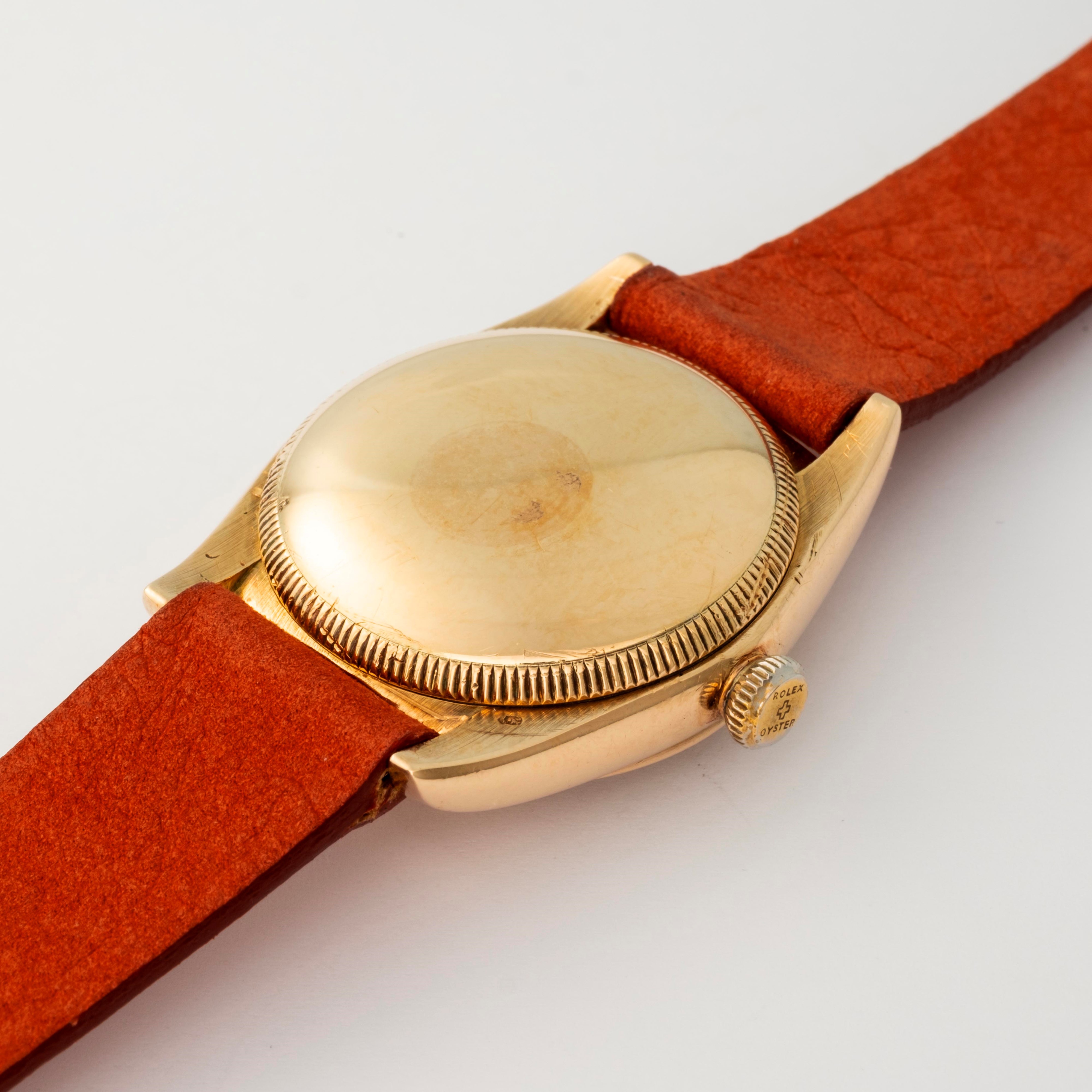 Rolex - Ovetto ref. 5015 in oro giallo 14k con quadrante grenè, circa 1948