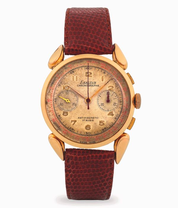 Corne de Vache cronografo in oro giallo 18k, con quadrante Grenè a due contatori, circa 1950