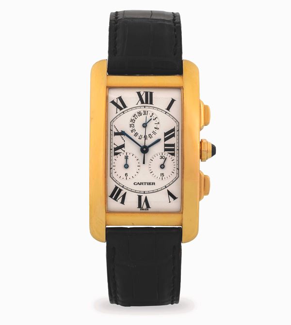Cartier - Tank Americaine Cronografo ref. 1730 in oro giallo 18k, quadrante bianco numeri Romani, circa 2000