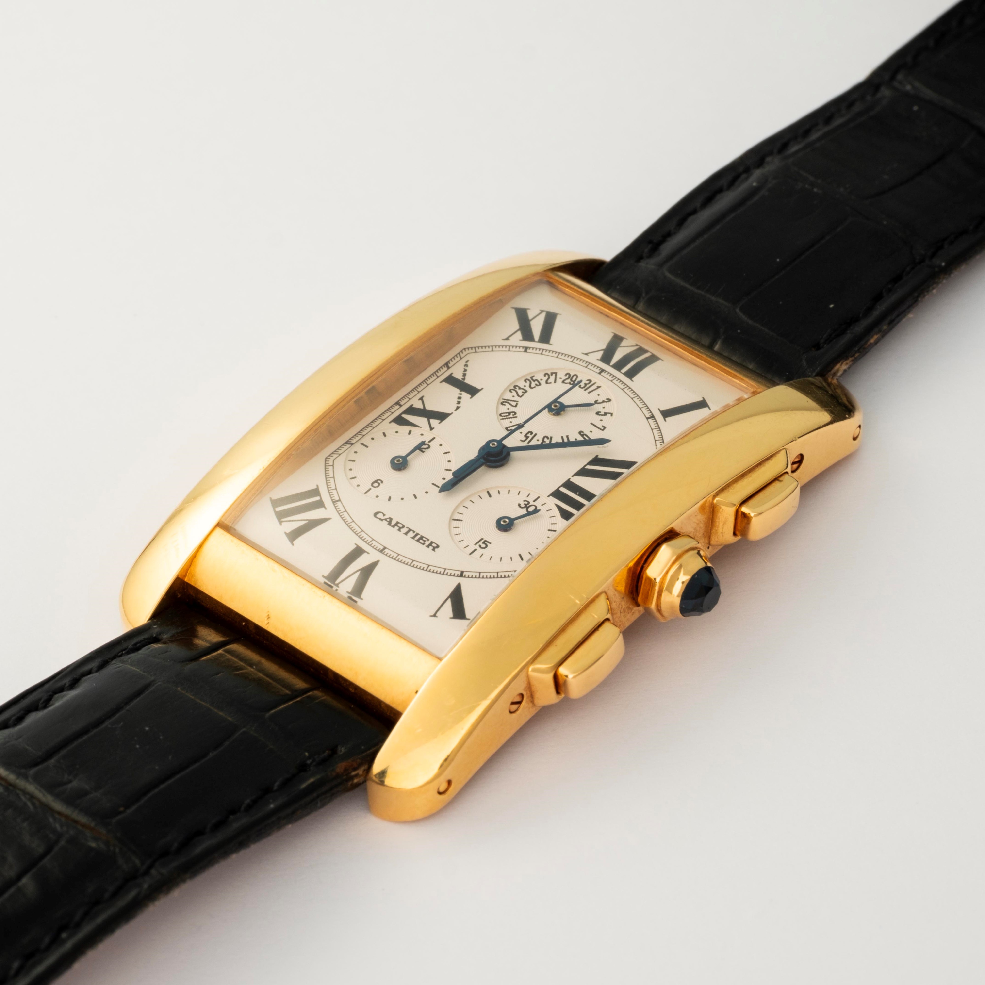 Cartier - Tank Americaine Cronografo ref. 1730, oro giallo 18k, quadrante bianco con numeri roman...