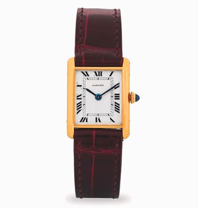 Orologio Tank Louis in oro giallo 18k con quadrante bianco a numeri romani, circa 1960