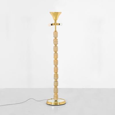 Lampada da terra in ottone e vetro foglia oro, Italia, ca. 1960