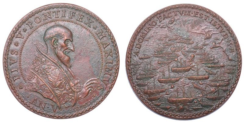 STATO PONTIFICIO. PIO V (Antonio Ghislieri), 1566-1572. Medaglia in bronzo 1571/A. V. Battaglia di Lepanto. Riconio.  - Auction Light Numismatics - Cambi Casa d'Aste
