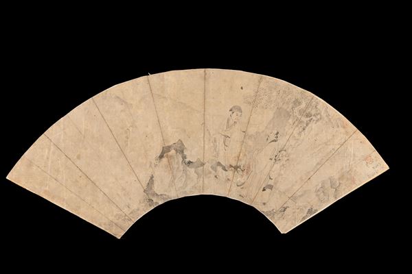 Ventaglio su carta raffigurante scena di vita comune con iscrizioni, Cina, XIX secolo