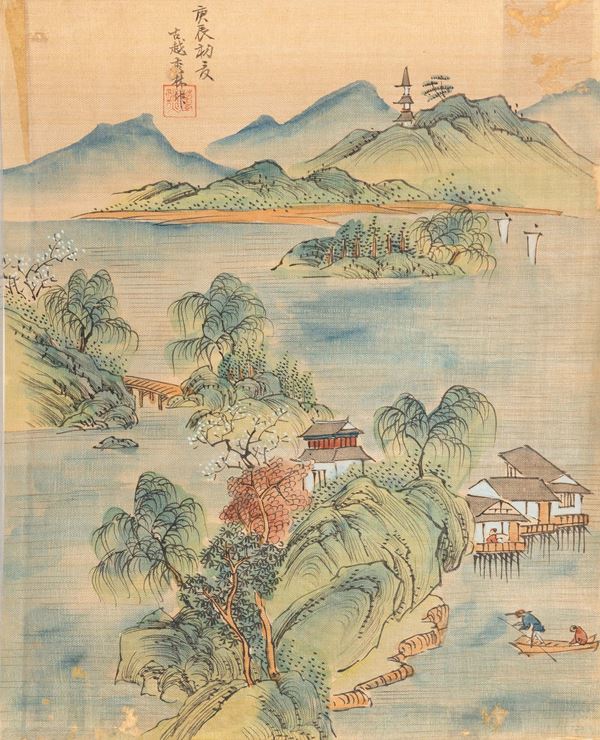 Lotto composto da quattro stampe raffiguranti scena di montagna, Cina, XX secolo