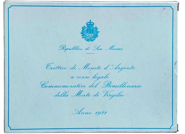 San Marino 1981: dittico celebrativo della Bimillenario della morte di Virgilio Olimpiade, contenente 3 monete FdC in argento (2 X 500 + 1 X 1.000 Lire).