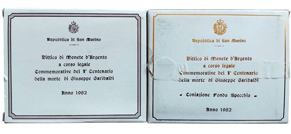 San Marino 1982: 2 dittici celebrativi del I centenario della morte Giuseppe Garibaldi, contenente quattro monete, di cui 2 FdC e 2 Fondo Specchio in argento (3 X 500 + 4 X 1.000 Lire).
