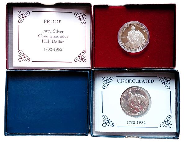 USA 1981: due monete The George Washington Half-dollar, una Fior di Conio e una Fondo Specchio (proof) in argento in cofanetto originale.