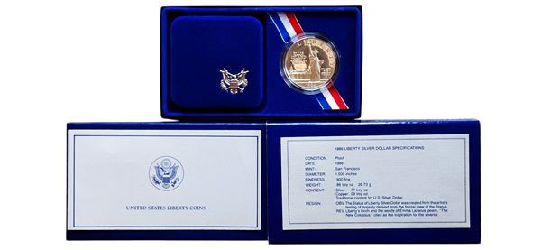 USA 1986: una moneta Liberty Silver Dollar Fondo Specchio (proof) in argento in cofanetto originale.