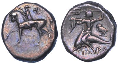 Nomos di Taranto, Cavaliere in movimento verso sud con Taras su delfino, 272-240 a.C.