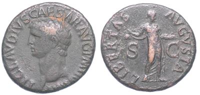 Claudio, Testa di Libertas con pileo, Bronzo, Diam. 28,07 mm, 41-54 d.C.