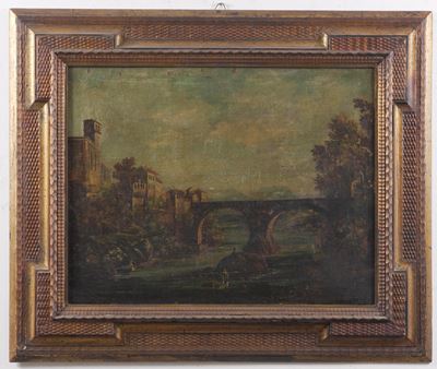 Scuola del XVIII-XIX secolo, Paesaggio fluviale con figure, olio su tela