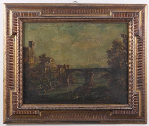 Scuola del XVIII-XIX secolo Paesaggio fluviale con figure