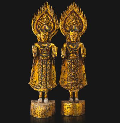 Figura di Bodhisattva stante, legno dorato con tracce di monocromia, Birmania, XVIII secolo (copp...