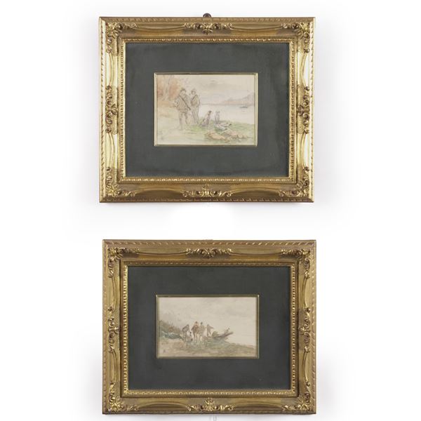 Coppia di acquerelli con scene di caccia