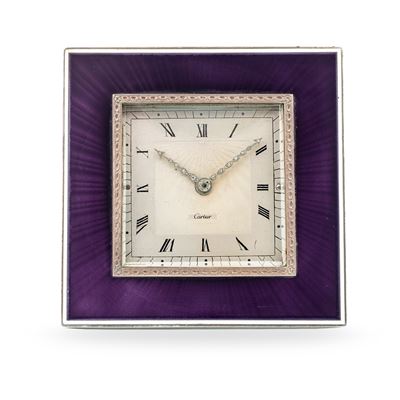 Orologio da tavolo Belle Époque in argento e smalto viola con quadrante guilloché sunburst, circa...