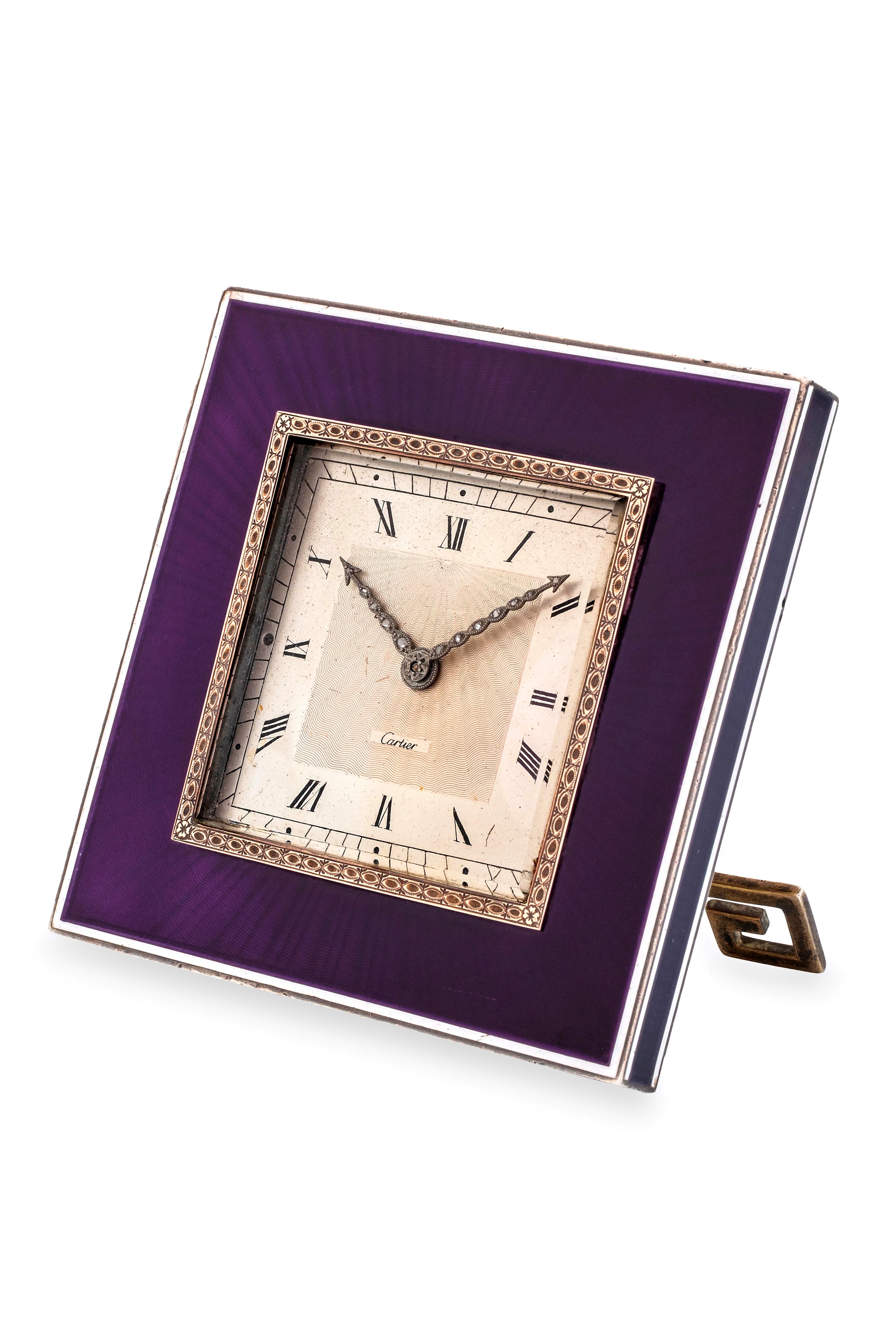 Cartier - Orologio da tavolo Belle Époque in argento e smalto viola con quadrante guilloché sunbu...