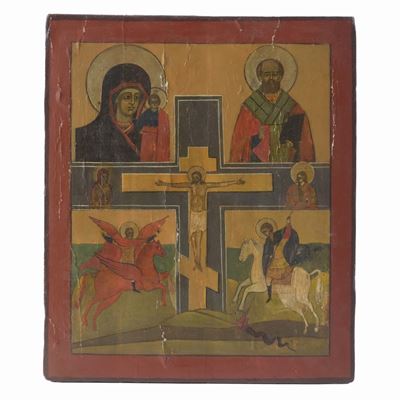 Icona Tempera su Tavola "madonna con Bambino e Santi". XIX-XX Secolo