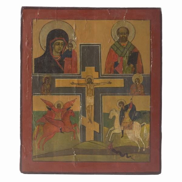 Icona tempera su tavola "Madonna con Bambino e Santi". XIX-XX secolo