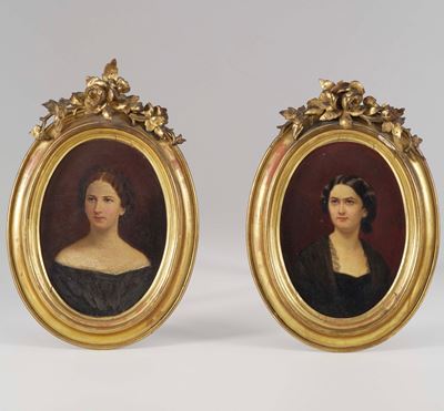 Scuola del XIX secolo, Ritratti femminili, olio su cartoncino ovale