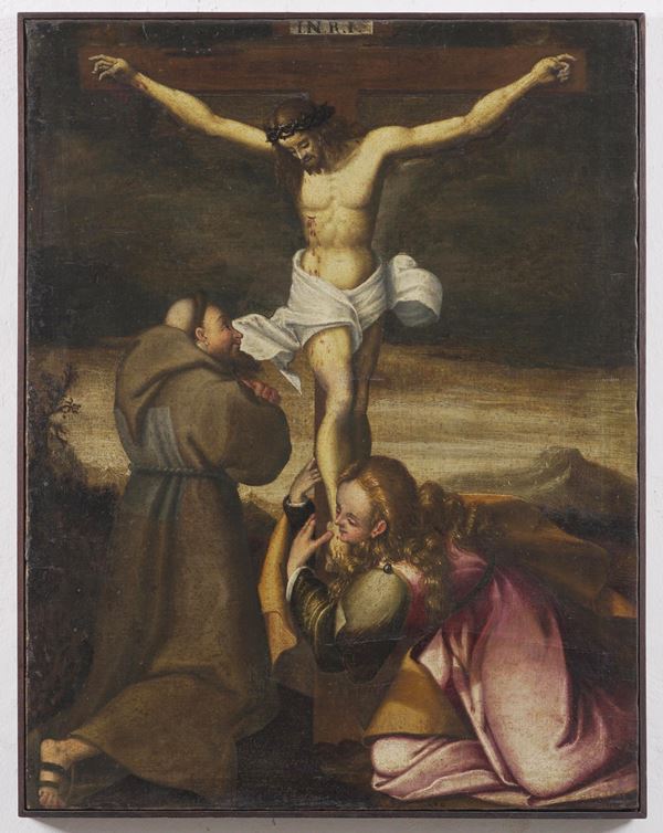 Scuola del XVII secolo Crocifissione con Maddalena e un santo francescano