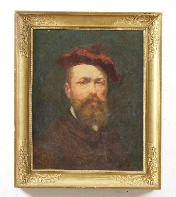 Scuola del XIX secolo Ritratto di uomo con cappello rosso