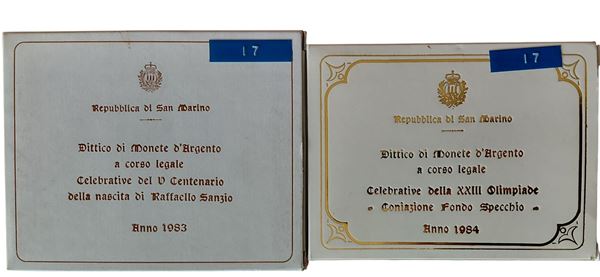 San Marino 1983-1984. Doppio dittico con 4 monete in argento (2 X 500 + 2 X 1.000 Lire), celebrative rispettivamente del V centenario della nascita di Raffaele Sanzio (FdC) e XXIII Olimpiade (FS – proof).